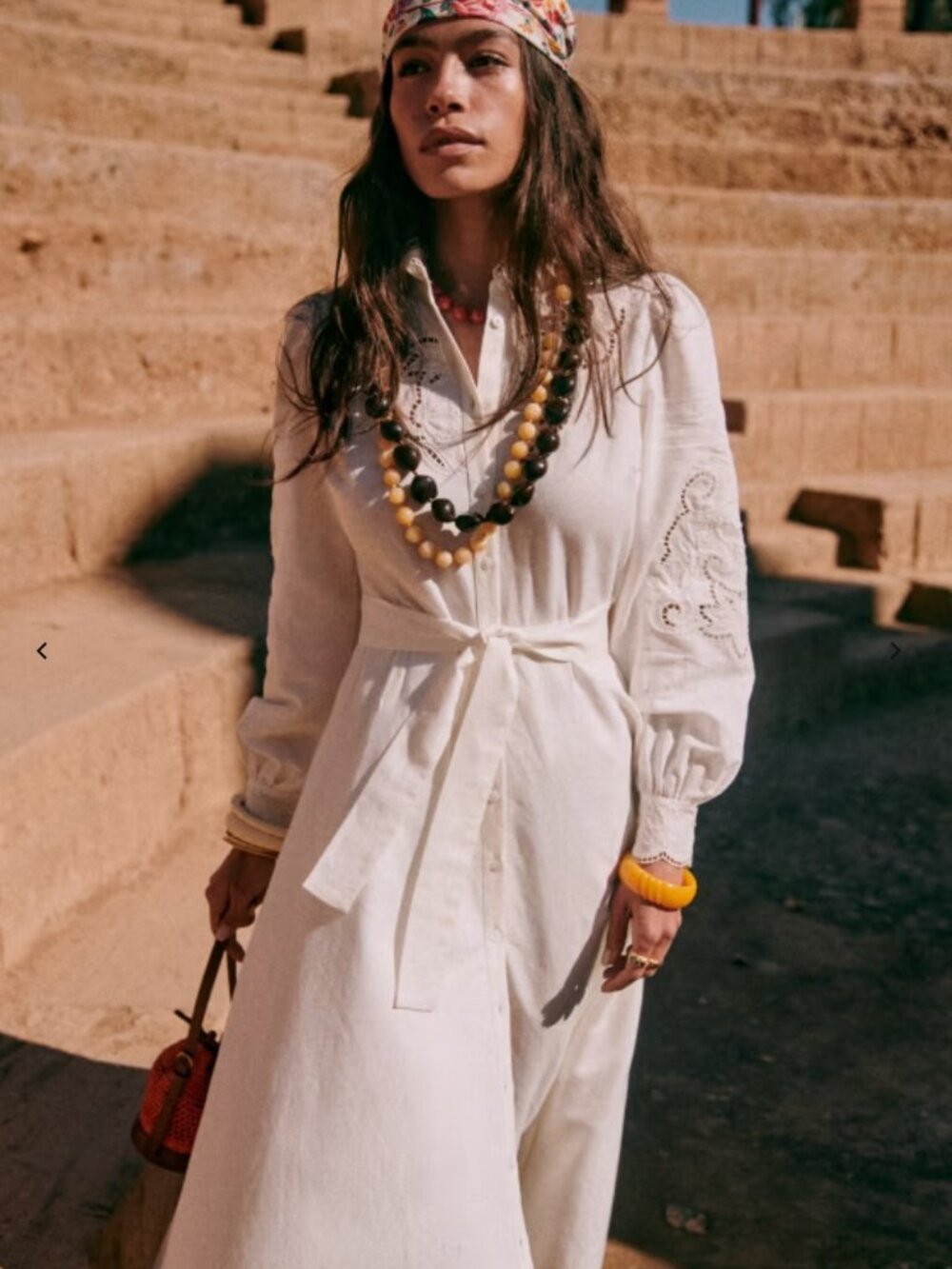 Sezane Cream Embroidered Linen Dress - Belted Shirt Dress - Picture 3 of 9